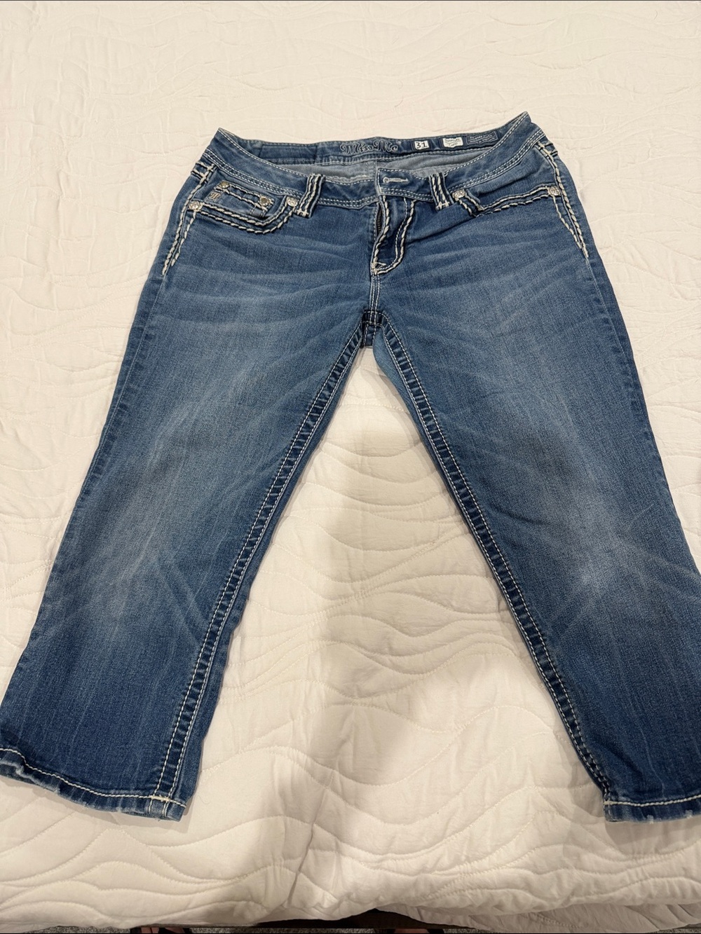 Miss Me Blue Cropped Jeans with Contrast Stitching